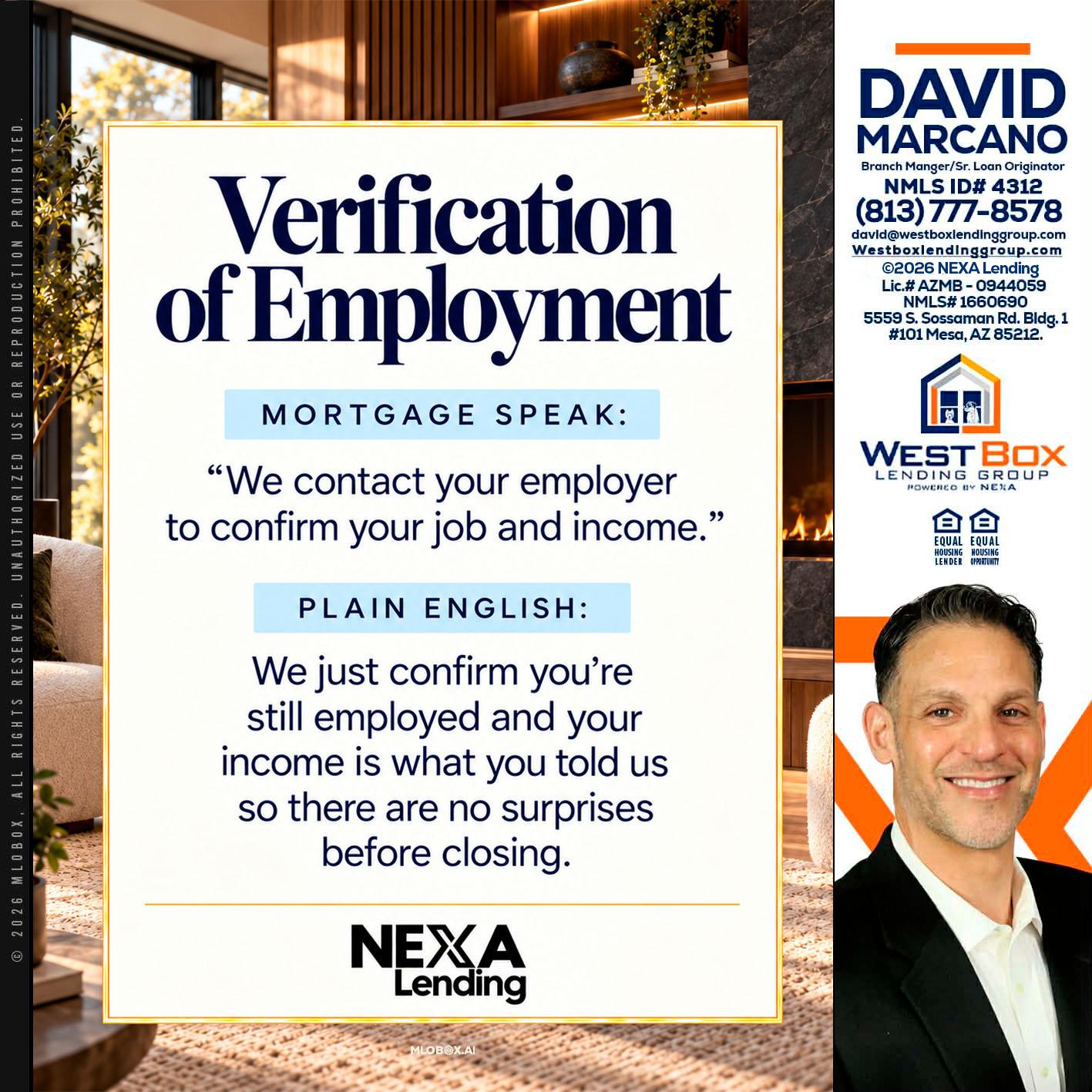 VERIFICATION OF EMPLOYMENT - David Marcano -Branch Manager/Sr. Loan Originator